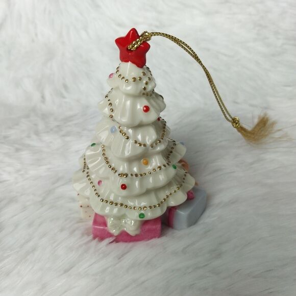 Lenox White and Gold Christmas Tree Teddy Bear & Presents Ornament - Picture 3 of 8